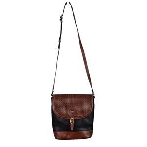 Bally Brown Woven Black Pebble Leather Vintage Crossbody Flap Bag Purse